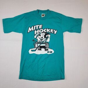 VTG 90's Mite Hockey Graphic‎ T-Shirt Sz S (Fits XS) Turquoise Fruit of the Loom